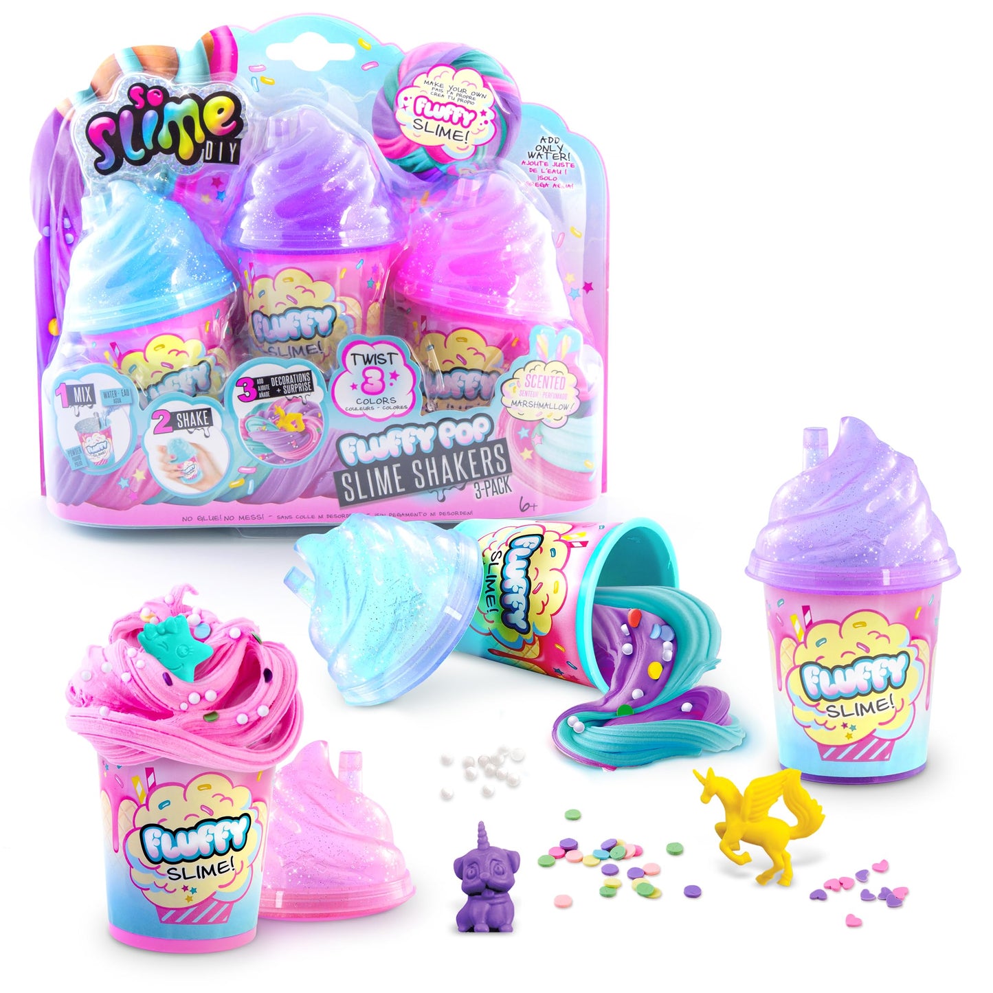 Set of three Canal Toys So Slime fluffy slime pots with glitter, confetti, and mini surprise figurine for children 6 and up.