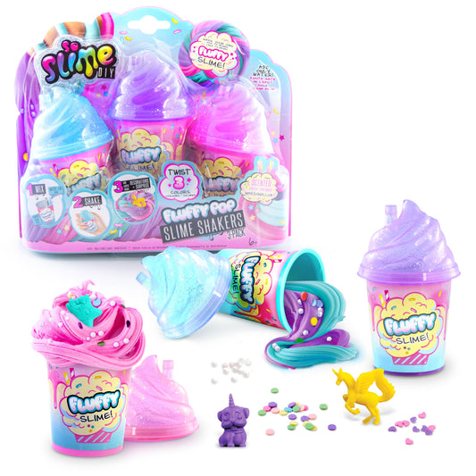 Set of three Canal Toys So Slime fluffy slime pots with glitter, confetti, and mini surprise figurine for children 6 and up.