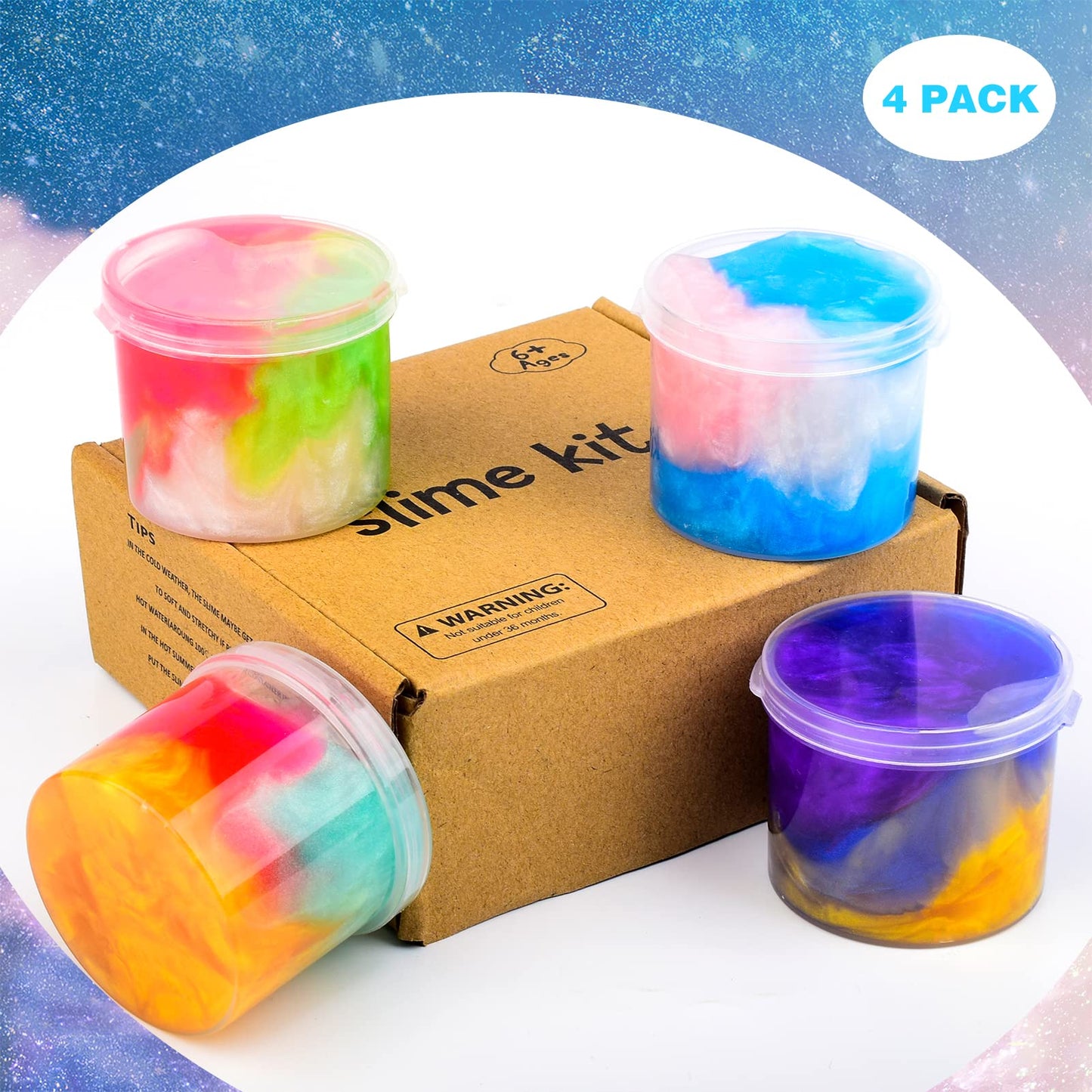 Four colorful Galaxy Slime kits by Petyuioyu, soft, non-sticky slime for kids' stress relief, party favors, and fun play.