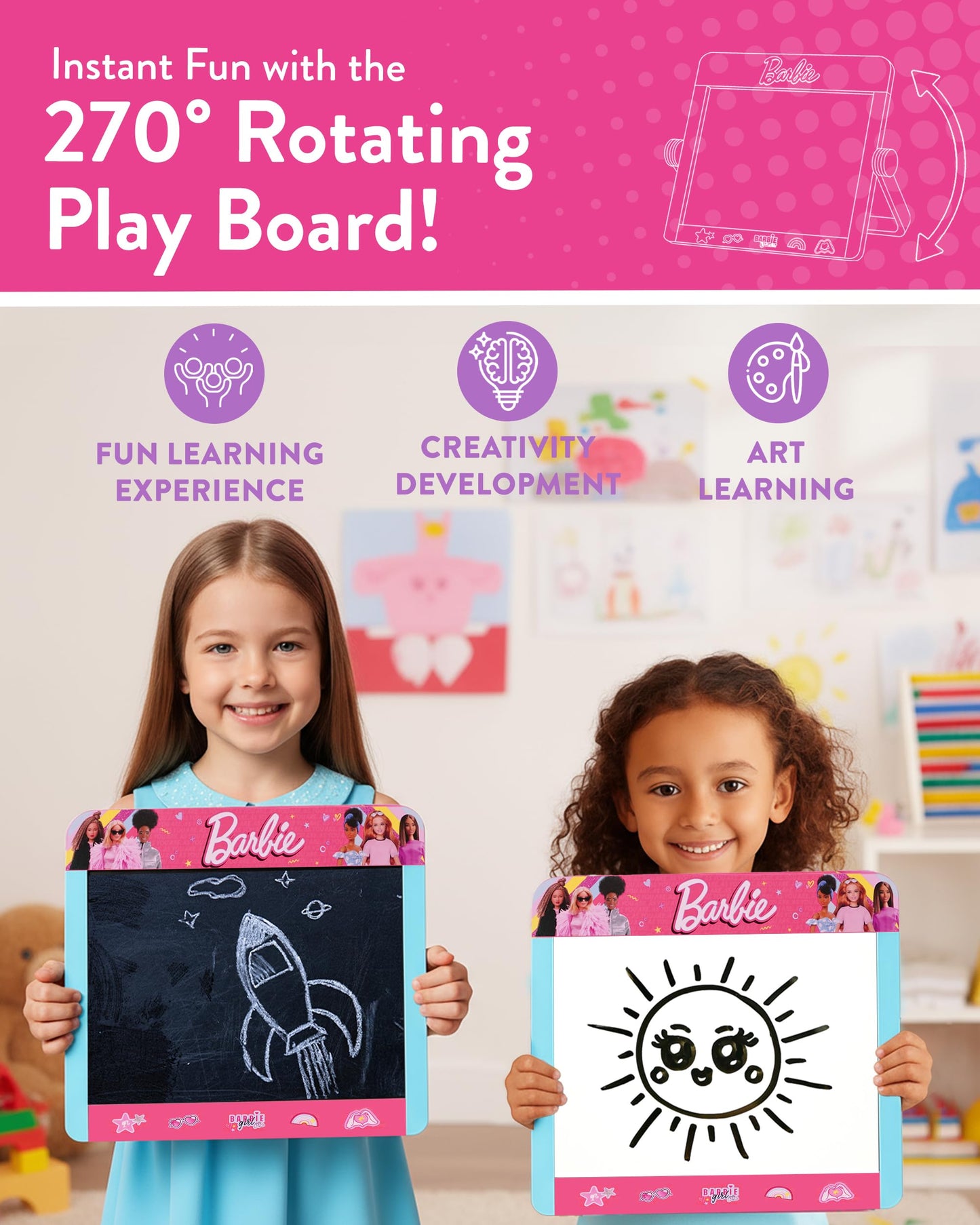 Barbie 2-in-1 wooden tabletop easel with double-sided blackboard and whiteboard, including pen, eraser, and chalk for kids' creative play