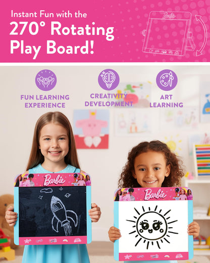 Barbie 2-in-1 wooden tabletop easel with double-sided blackboard and whiteboard, including pen, eraser, and chalk for kids' creative play