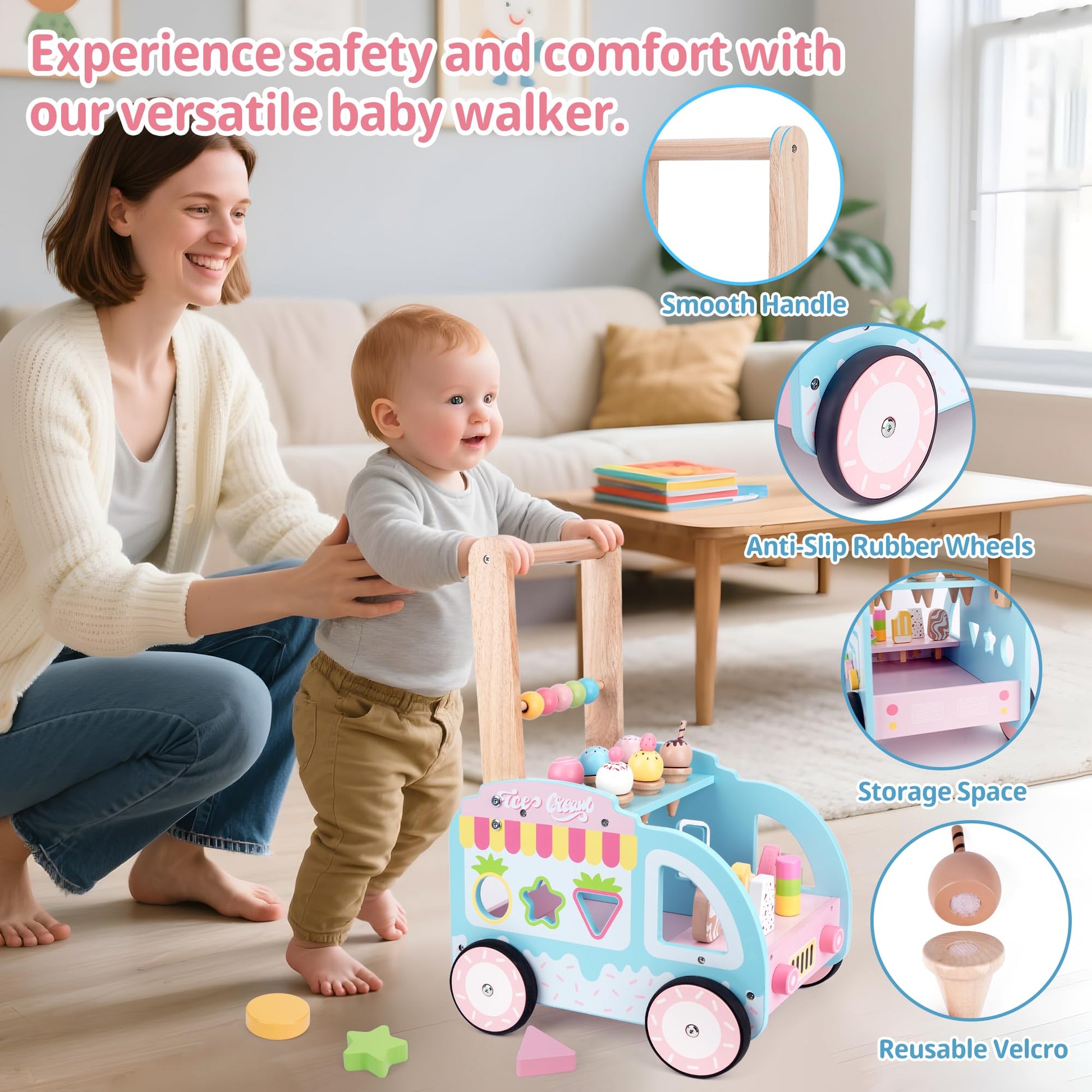 Wooden baby walker with wheels and ice cream toy, multifunctional toddler push cart and activity center for 18+ months kids.