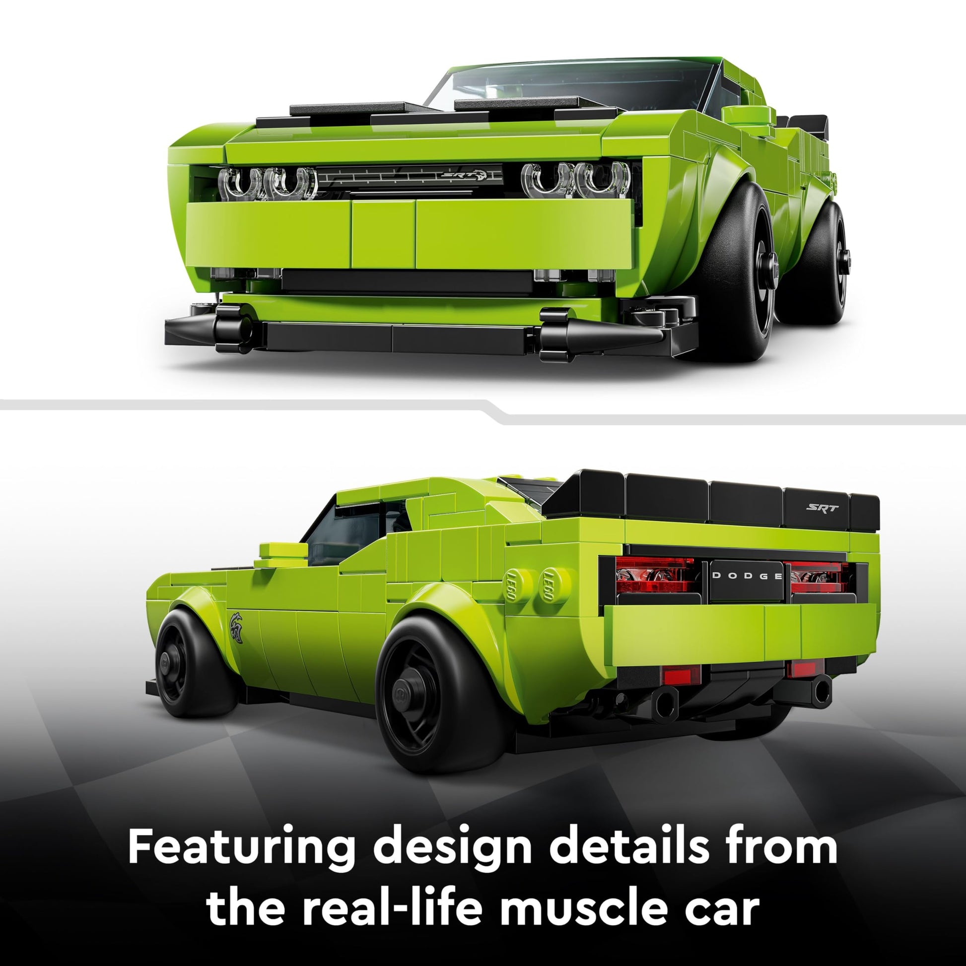 LEGO Speed Champions Dodge Challenger SRT Hellcat toy car model kit with driver minifigure, suitable for 9+ year olds.