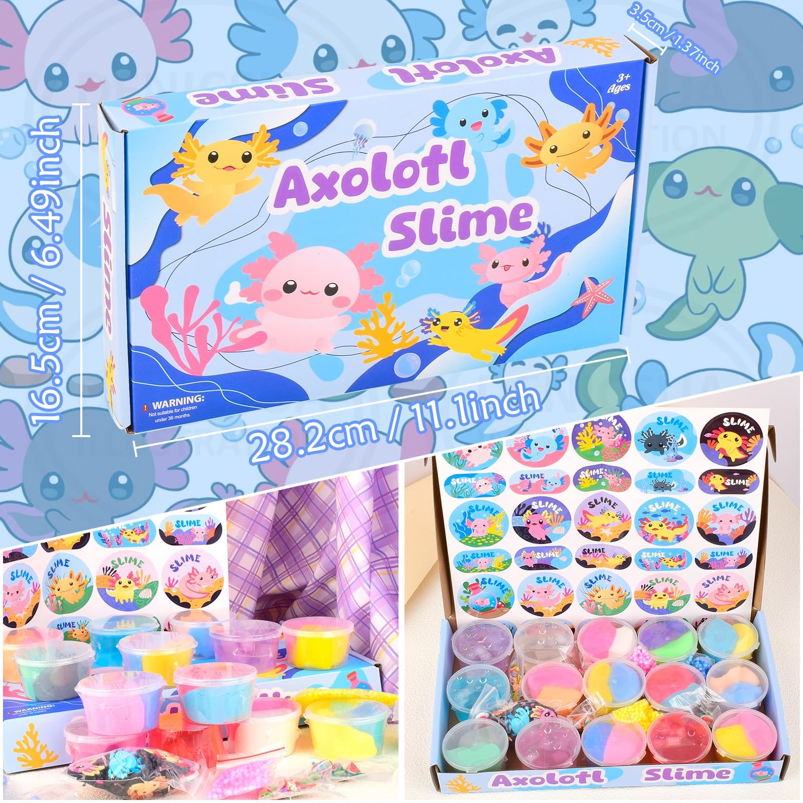 15 pack of Bretohay Axolotl slime kits with cloud, butter, and clear slime, featuring Axolotl charms, soft and stretchy for kids.