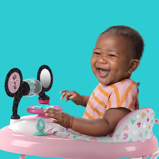 Bright Starts Disney Baby Minnie Mouse 2-in-1 activity walker with removable toy station, lights, songs, sounds, pink color, adjustable height