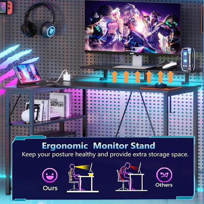 Xyphren L Shaped Gaming Desk with RGB LED Lights & Power Outlets, 100 cm Corner Computer Desk with Adjustable Shelves, Small Office Desk for Study Workstation, Carbon Black