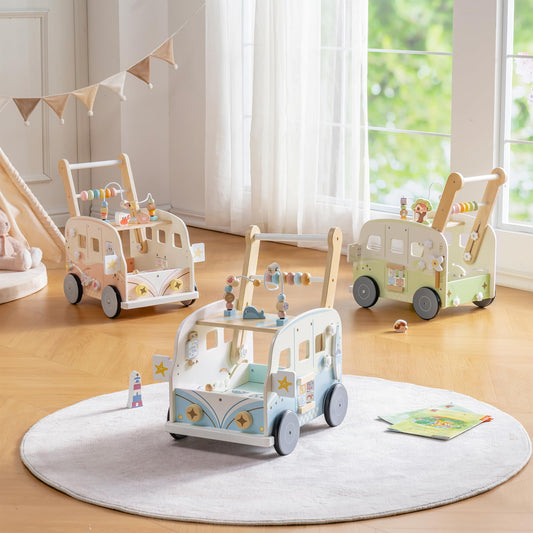 Robotime wooden baby walker with green animal design, adjustable height, wheels, and activity features for toddlers age 10-36 months.