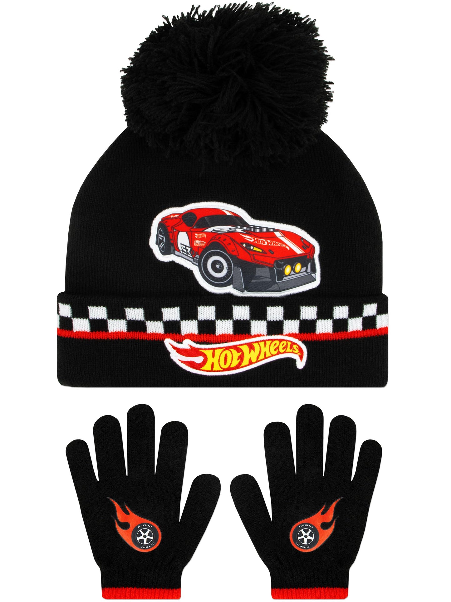 Hot Wheels Kids Hat And Gloves Set | Race Car Winter Hats For Kids | Boys Hat And Gloves Set | One Size Black