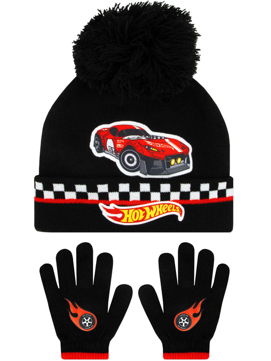 Hot Wheels Kids Hat And Gloves Set | Race Car Winter Hats For Kids | Boys Hat And Gloves Set | One Size Black