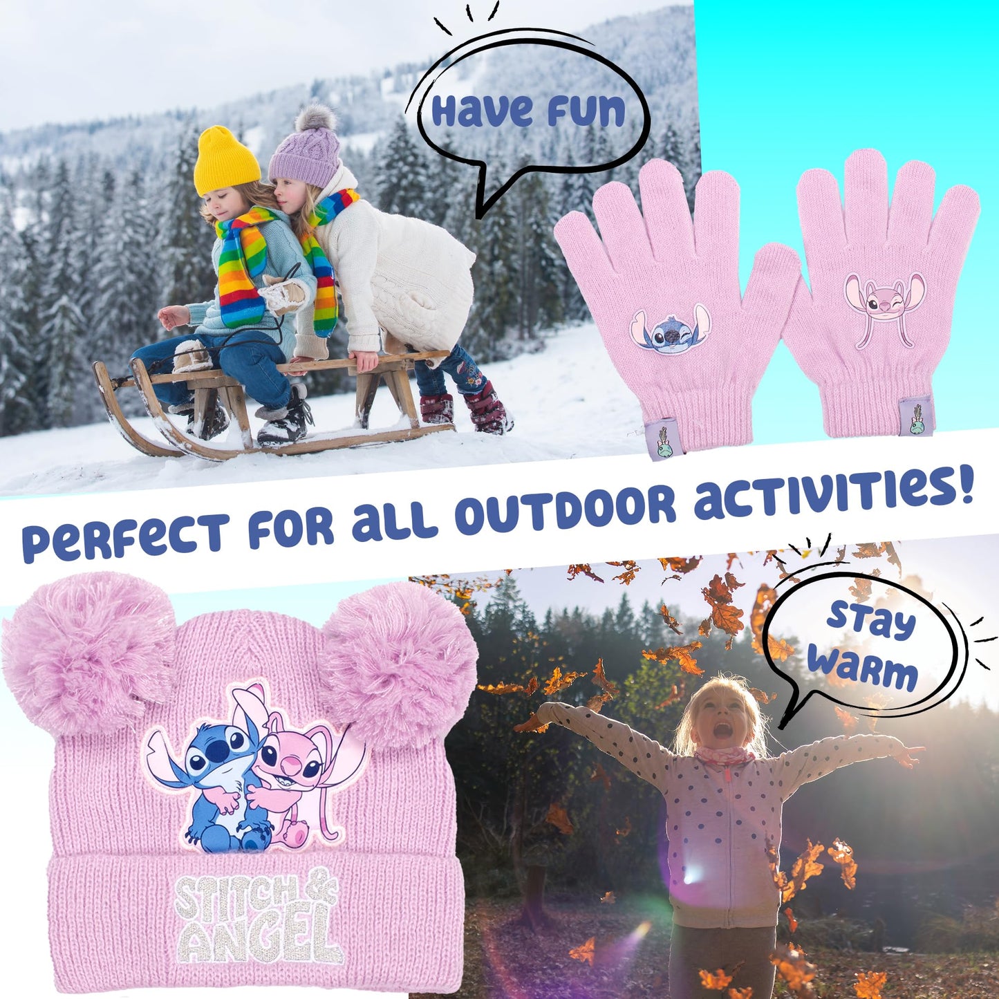 Disney Lilo & Stitch winter hat and gloves set for girls, featuring a cozy beanie and matching gloves for kids aged 6-12.
