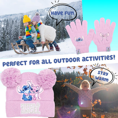 Disney Lilo & Stitch winter hat and gloves set for girls, featuring a cozy beanie and matching gloves for kids aged 6-12.