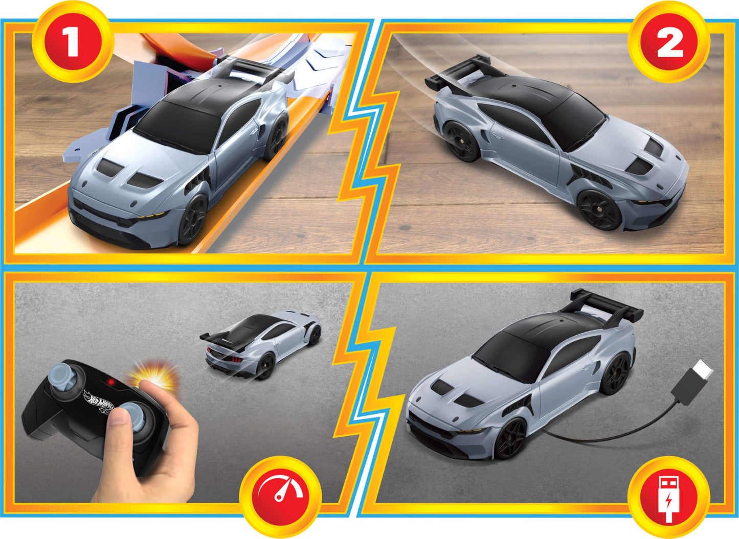 Hot Wheels RC Toy Car, Full-Function Remote-Control 1:64 Scale Ford Mustang, Booster Button to Race & Stunt Onor Off-Track, Recharge with USB Cable