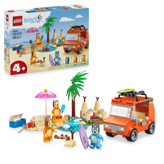 LEGO Bluey: Bluey's Beach & Family Car Trip Toy with 3 Minifigures incl. Bingo & Chilli, plus 2 Surfboards, a Sand Castle & Fun Accessories - Birthday Gift for 4+ Year Old Girls & Boys - 11202