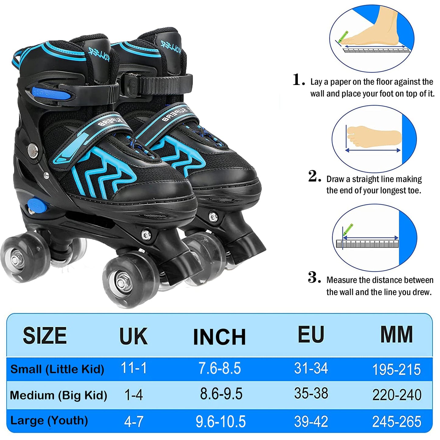 Kids adjustable roller skates by MGYZM with light-up wheels, suitable for indoor and outdoor use, for beginners and fun skating.
