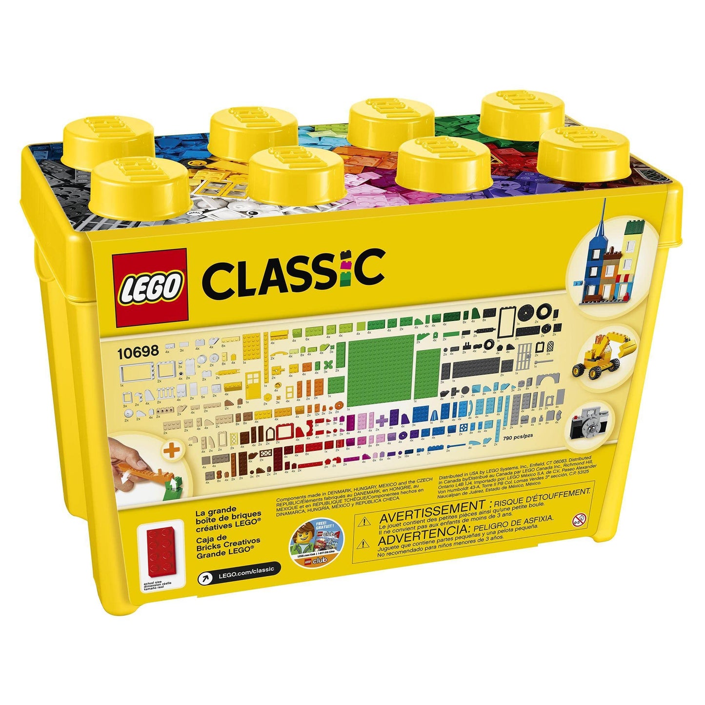 LEGO Classic Large Creative Brick Storage Box with windows, doors, wheels, and a green baseplate for educational play.
