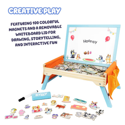 Bluey 102D Creation Station for kids featuring a magnetic whiteboard and lap tray, portable, sturdy, and FSC-certified.