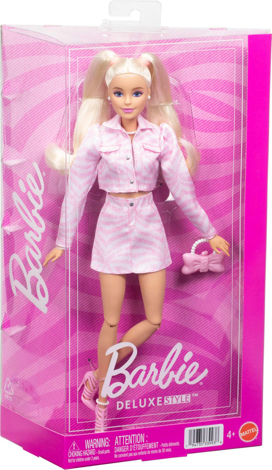 Barbie Deluxe Style Doll #9 in Pink Denim Outfit, Blonde Hair, Matching Jacket and Skirt Set with Accessories like Bow Clutch and Pearly Jewelry, JJN69