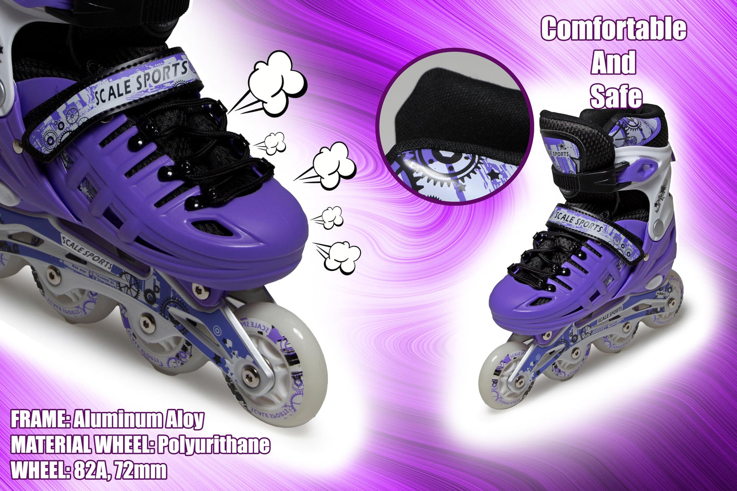 Scale Sports - Adjustuble Roller Skates with light up wheels for children and adults - Kids Inline Roller Skates (purple, UK 5-7 (EU 38-41) L)