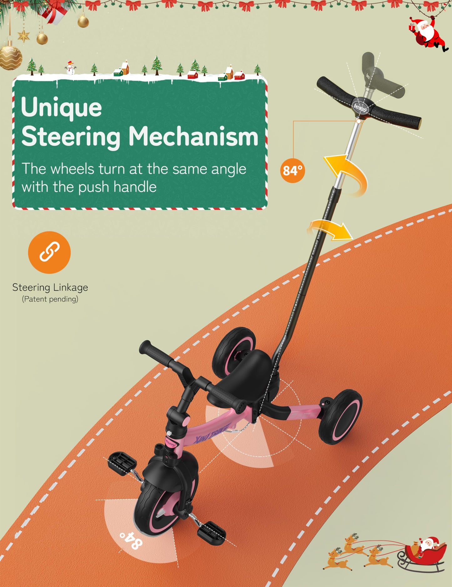 besrey 7-in-1 pink toddler tricycle with adjustable seat, removable pedals, and parent steering handle for ages 1-5.