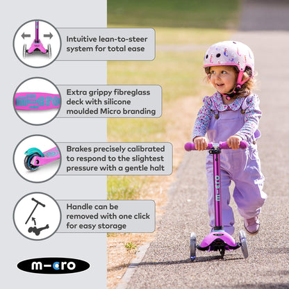 Micro Scooters | Mini Micro Deluxe LED Children's Scooter | Extra Grippy Deck | Weather Tested Stem | Remove & Fold Handlebar | Light Up Wheels | 2-5yrs | Boys & Girls | Lavender