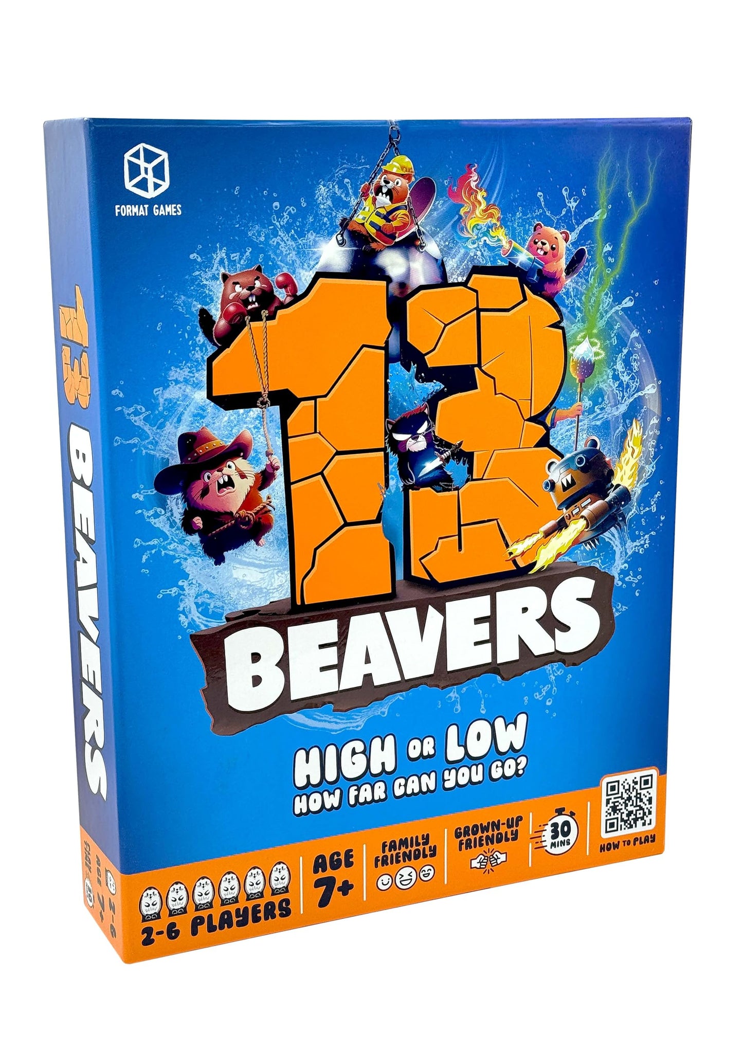 13 Beavers family board game by Format Games showing colorful beaver characters, game board, and game pieces for kids and adults.