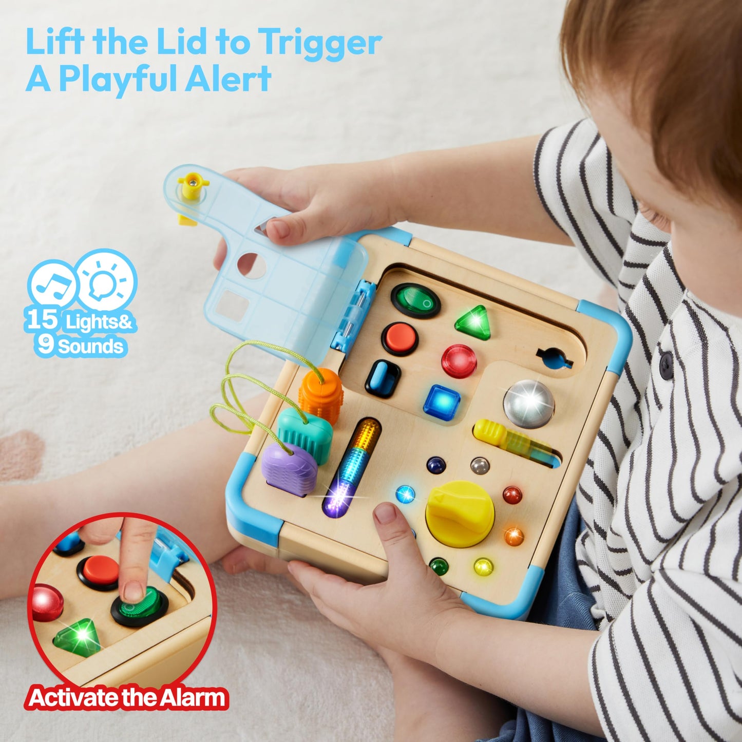 lalalark Montessori Busy Board,Baby Sensory Learning Toy, Wooden Toy Activity Board with 15 LED Lights & 9 Sound Effects Motor Skills,Baby Girls Boys Gifts