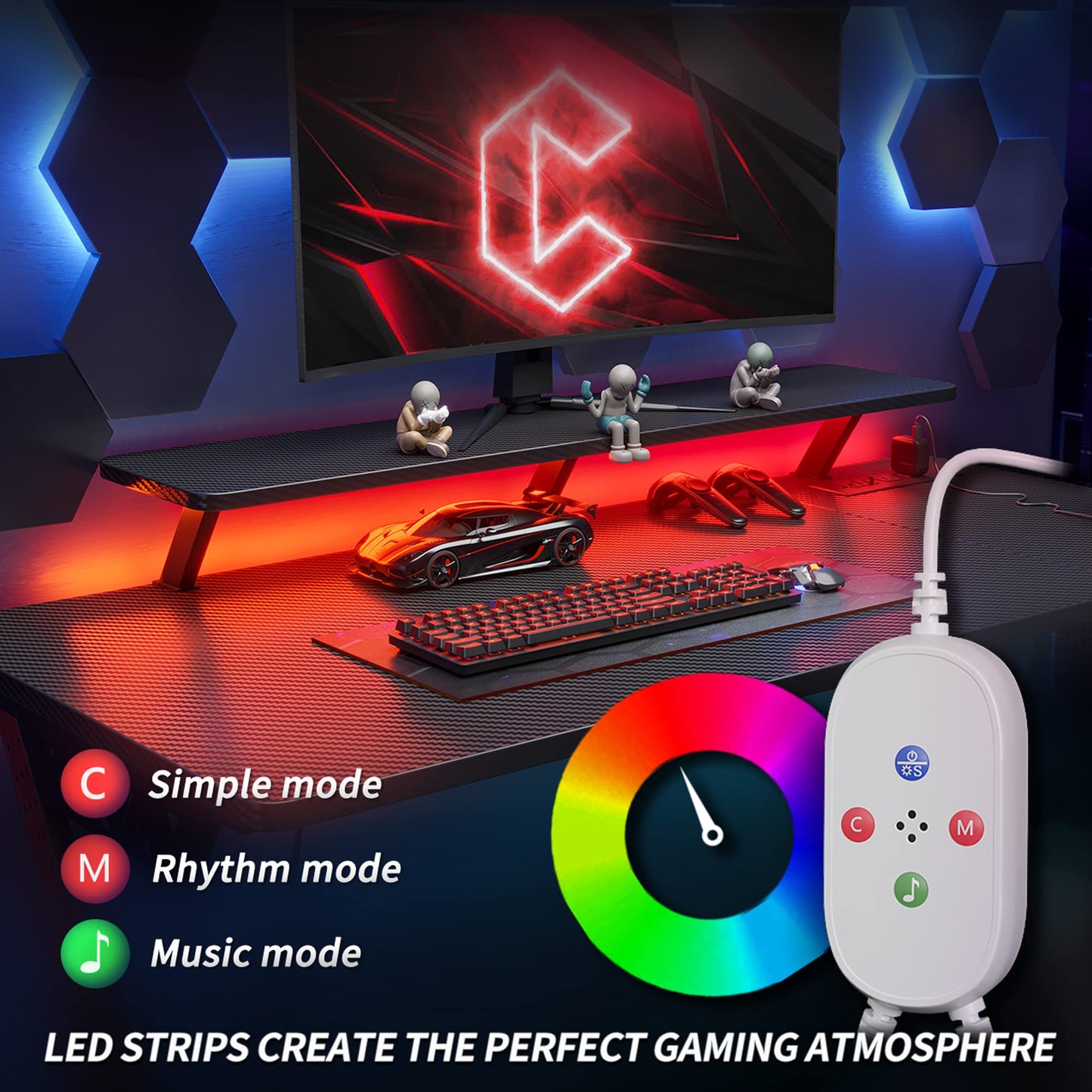 CubiCubi L-shaped gaming desk in black with LED lights, monitor stand, shelves, hooks, and built-in power outlets for home office use.