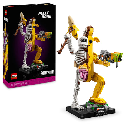 LEGO Fortnite Peely Bone collectible figure with paint launcher and Peely pickaxe, ideal for display or DIY building.