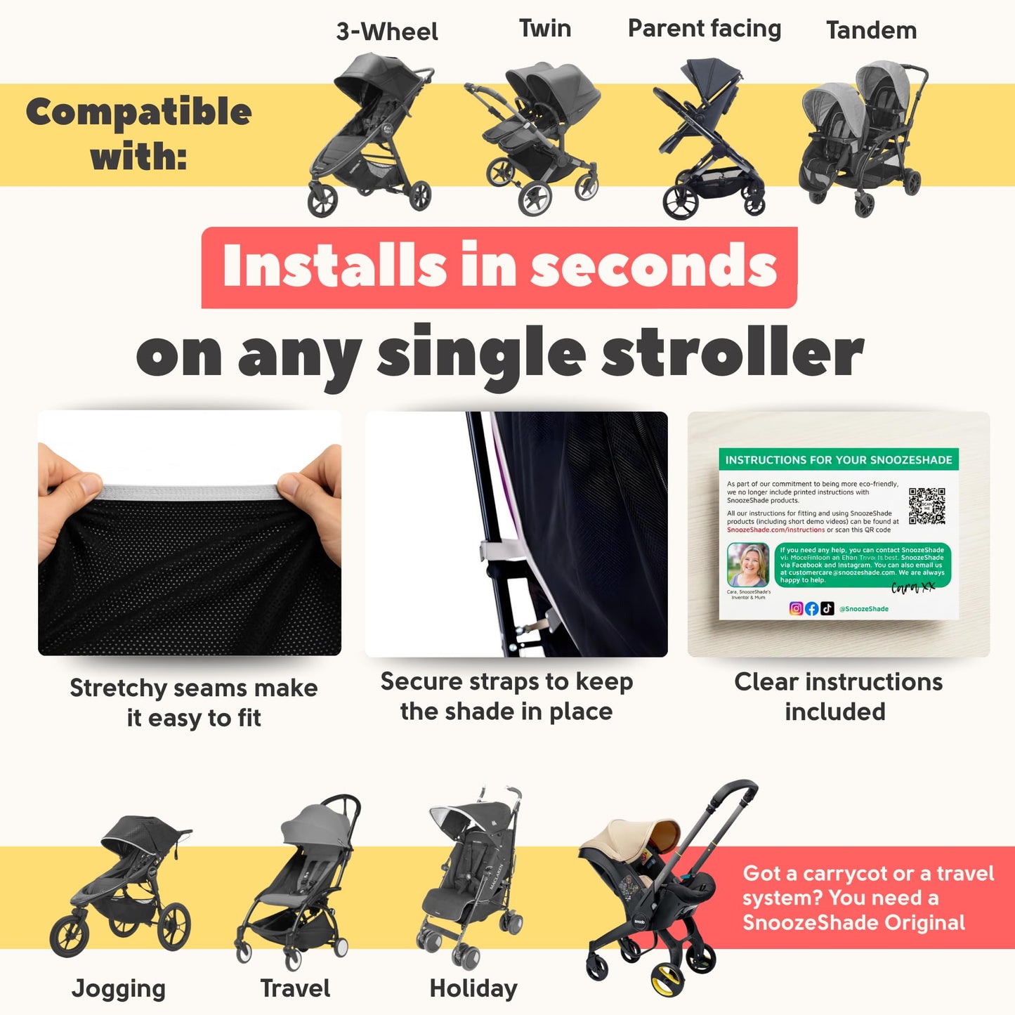 Black SnoozeShade Plus extra sun shade cover on a stroller, blocking 99% UV and providing a breathable blackout canopy for baby sleep.