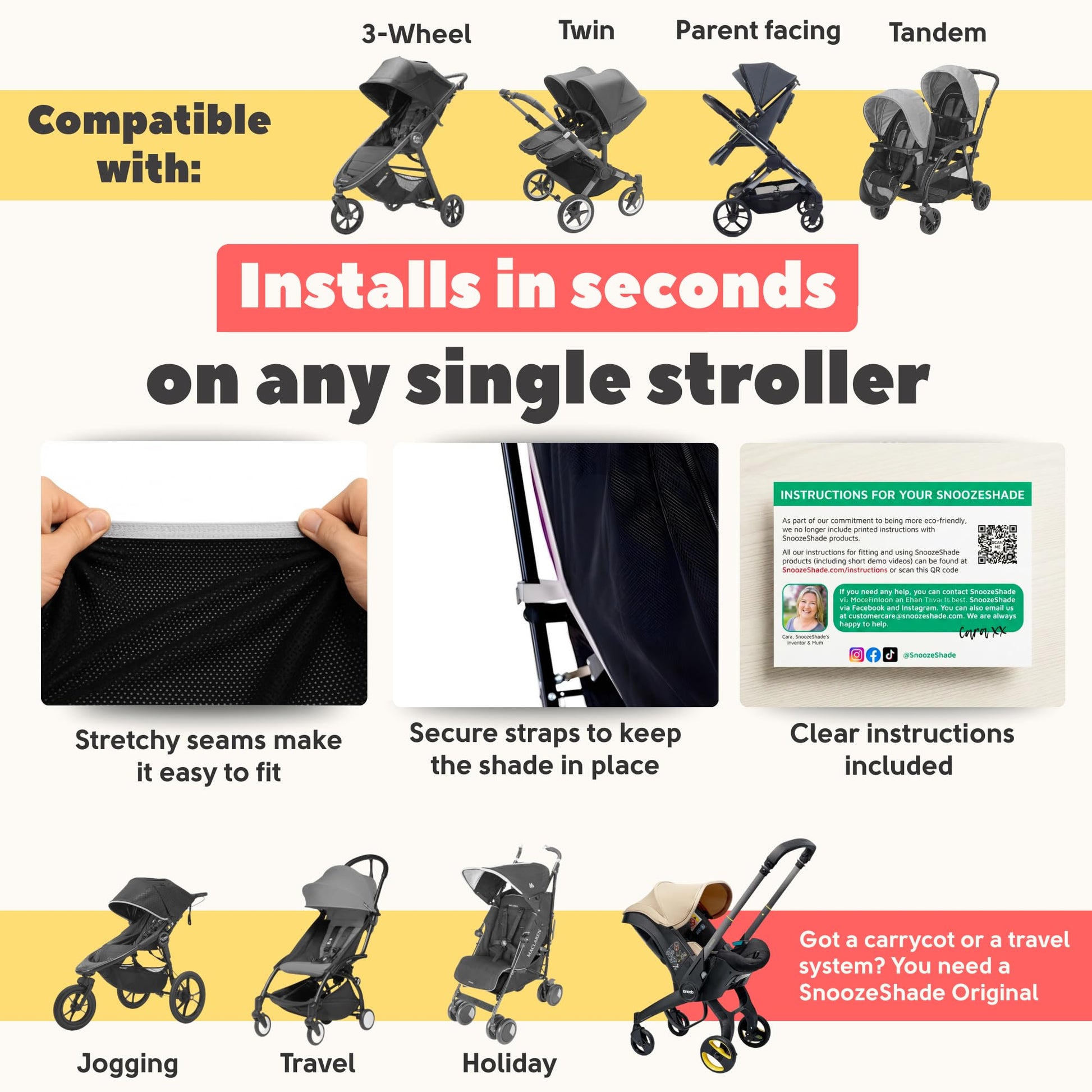 Black SnoozeShade Plus extra sun shade cover on a stroller, blocking 99% UV and providing a breathable blackout canopy for baby sleep.