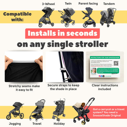 Black SnoozeShade Plus extra sun shade cover on a stroller, blocking 99% UV and providing a breathable blackout canopy for baby sleep.