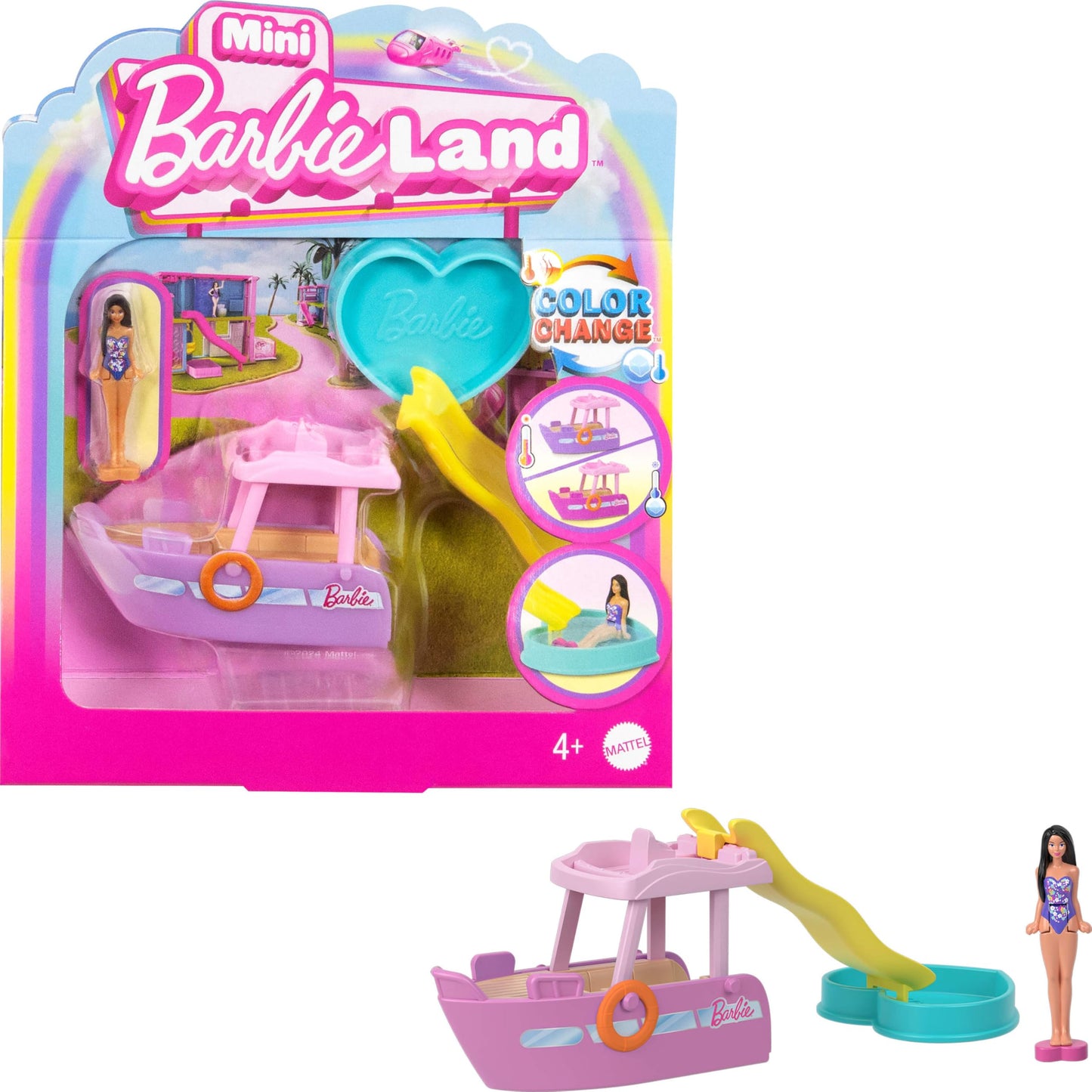 Mini BarbieLand doll and toy boat set with color-change features, detachable slide, and pool, perfect for imaginative play.
