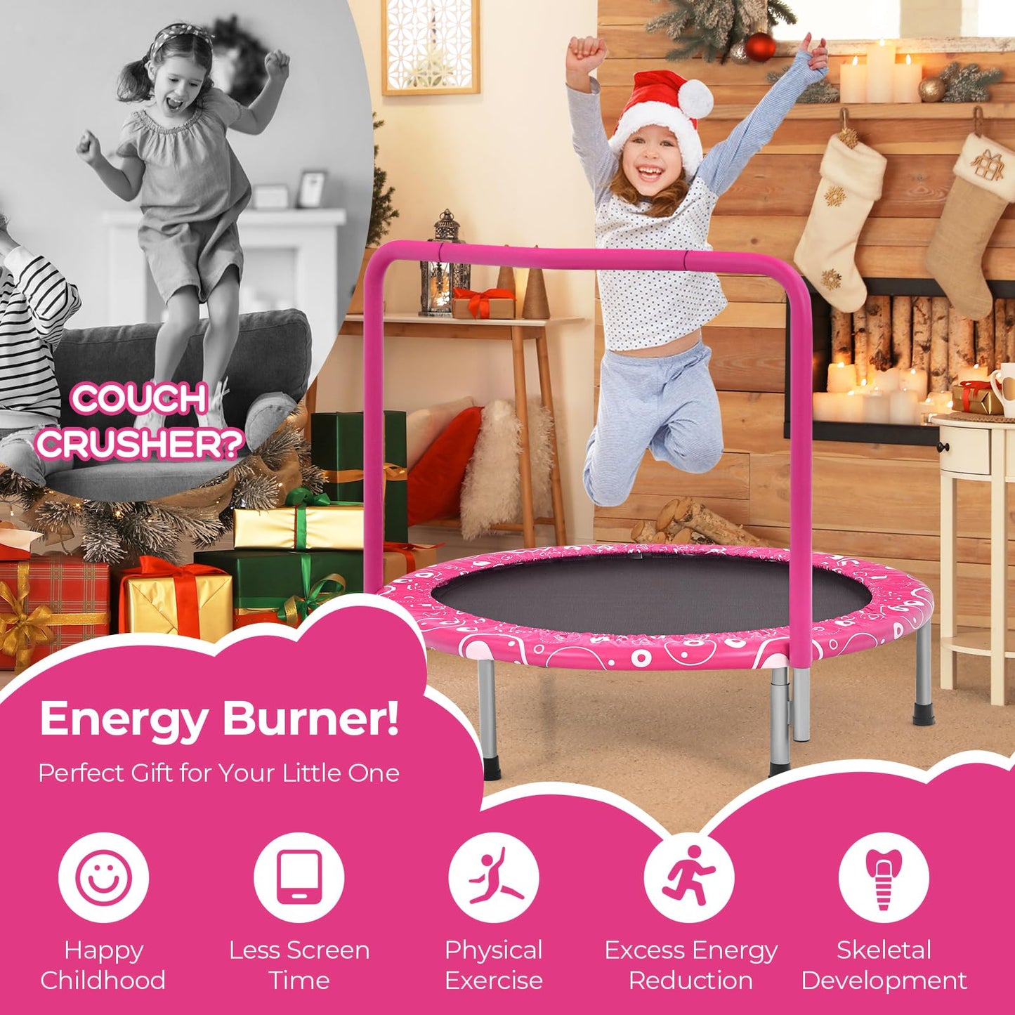 GYMAX Kids Trampoline with Handle, 36’’ Foldable Rebounder, Protective Cover, Outdoor Indoor Mini Trampolines for Children, Max Weight 150kg (Pink)
