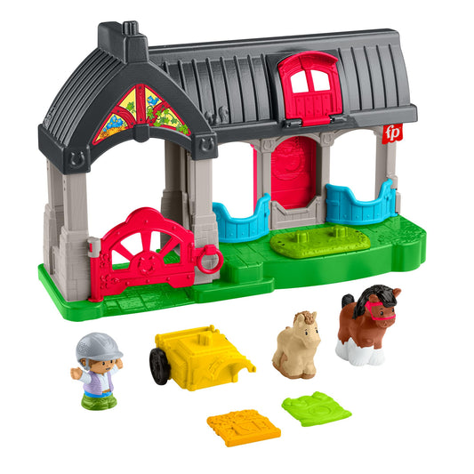 Fisher-Price Little People toddler toy stable playset with friendly horses, figures, accessories, and sounds for kids aged 1+ years.