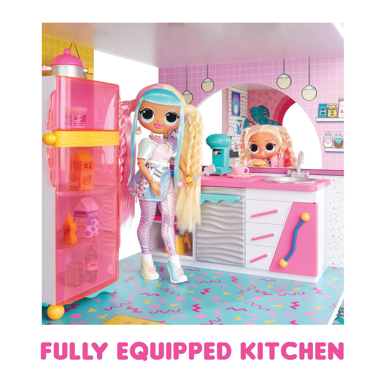 L.O.L. Surprise! OMG Fashion House playset featuring a wooden dollhouse with pool, slide, rooftop patio, and cinema.