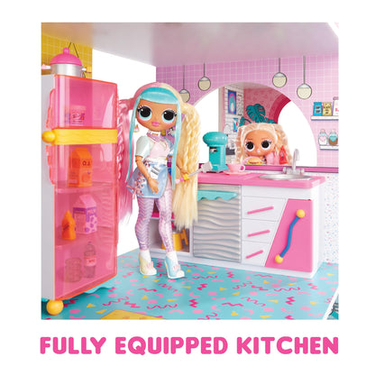 L.O.L. Surprise! OMG Fashion House playset featuring a wooden dollhouse with pool, slide, rooftop patio, and cinema.