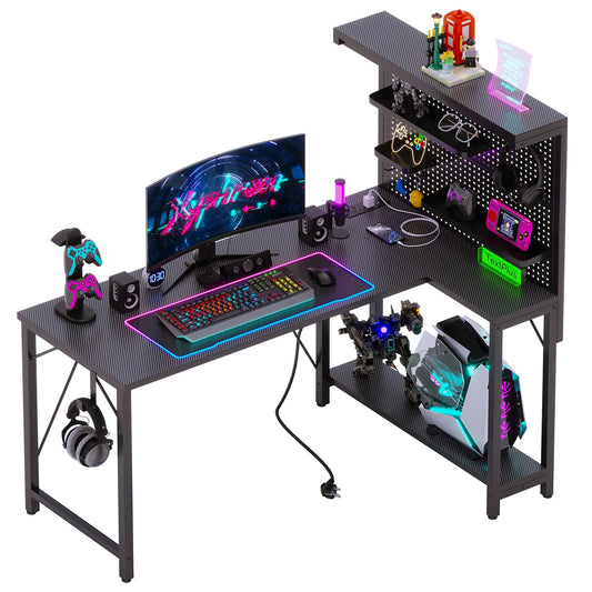 Xyphren 120*80cm L Shaped Gaming Desk with Pegboard Hutch & Shelves, Corner Gaming Desk with Power Outlet, Reversible Computer Desk with 3 Detachable Trays for Home, Bedroom, Office Workspace, Black
