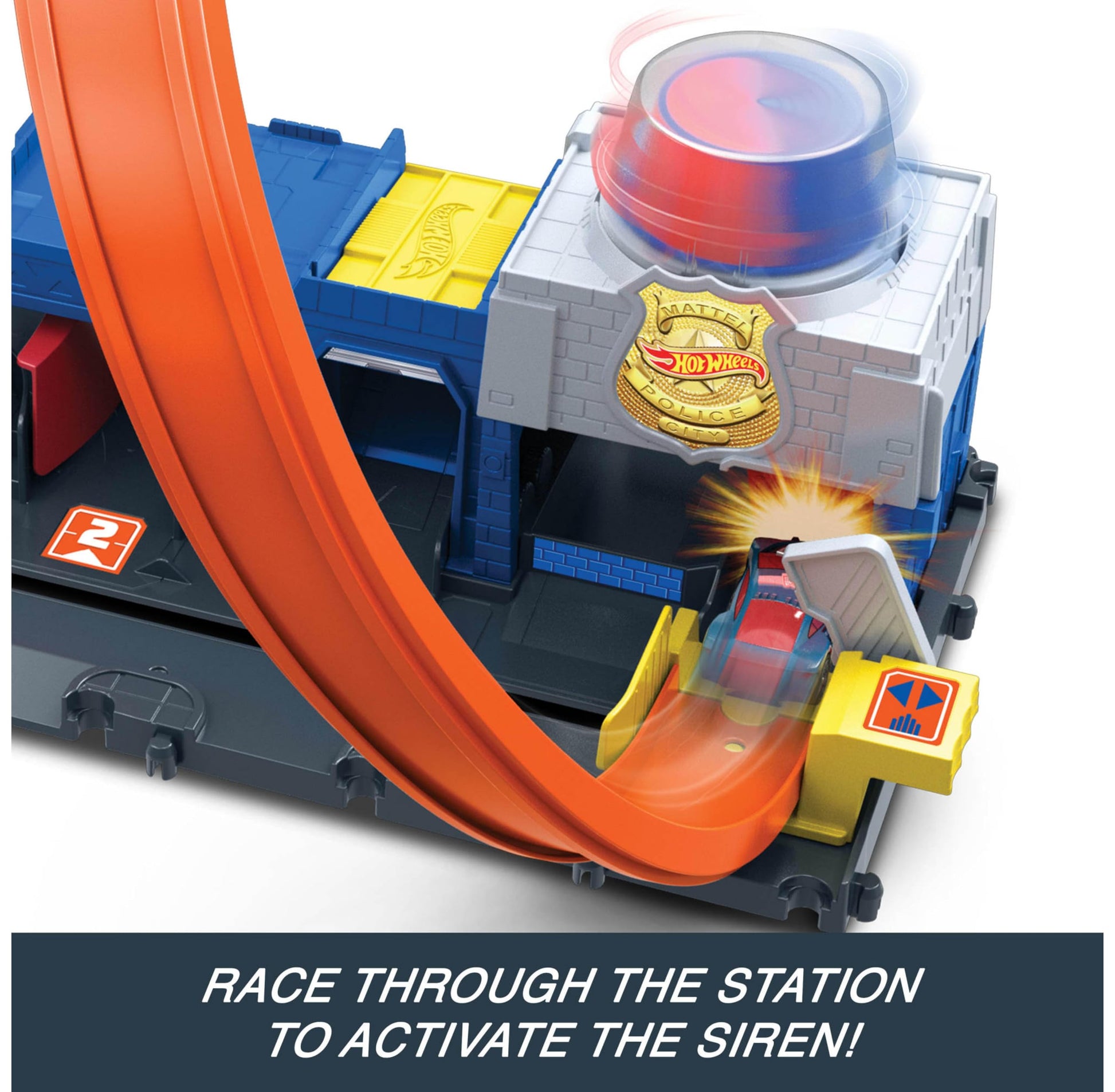 Hot Wheels Super Police Station playset with adjustable loop and 1:64 scale die-cast vehicle, featuring vibrant track design.