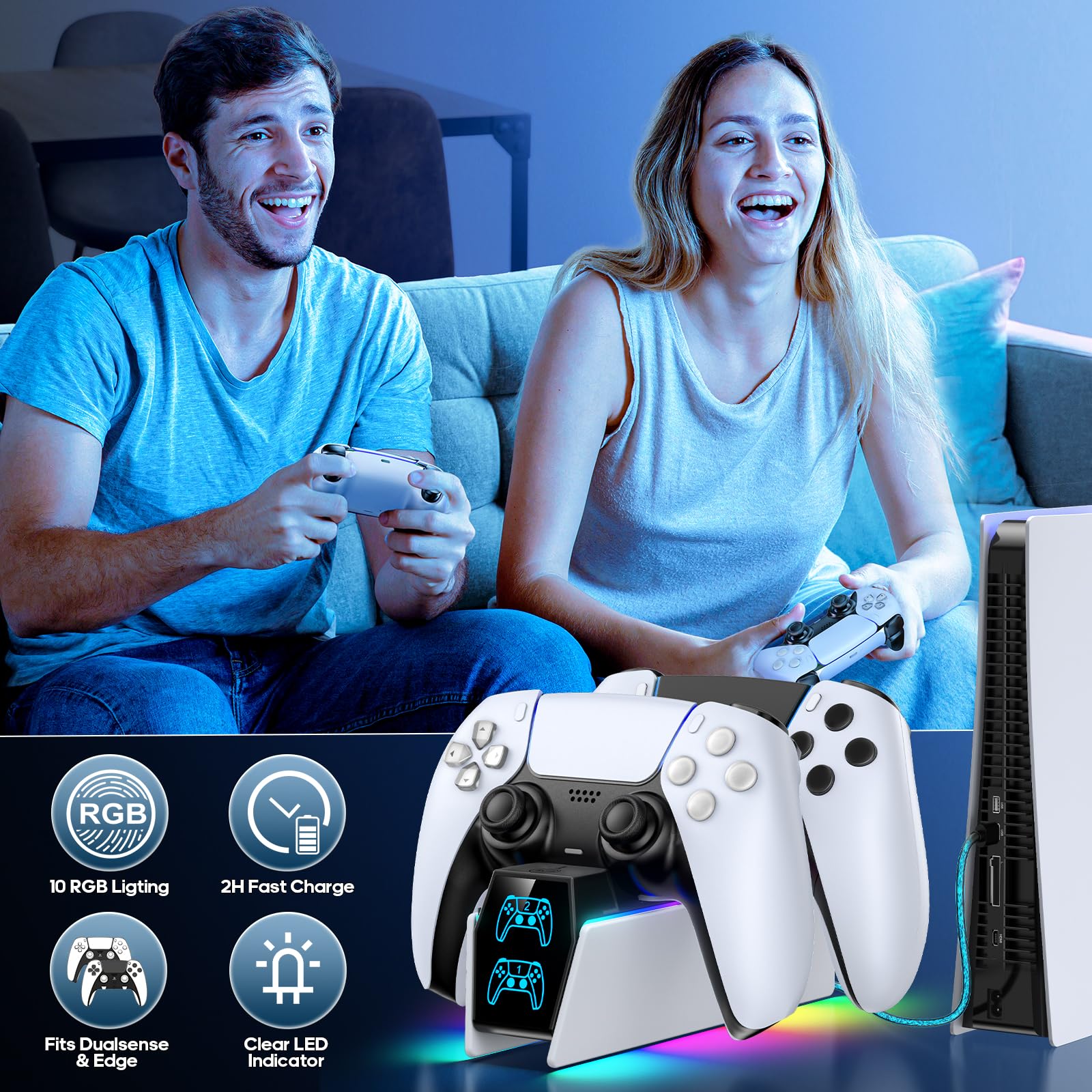 Tokluck PS5 controller charger station with white dock, LED indicators, compatible with PlayStation 5 Edge and Dual controllers.