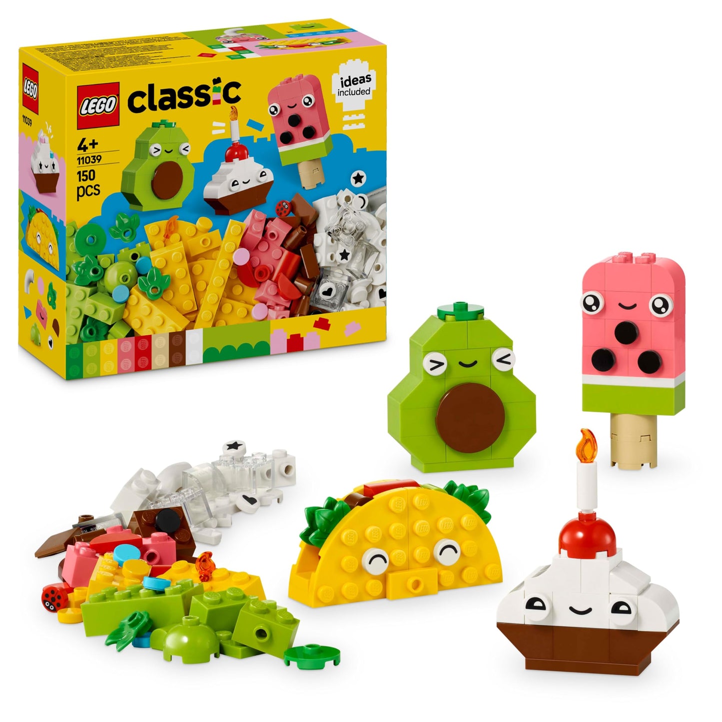 LEGO Classic Creative Food Friends playset with assorted bricks to build a cupcake, ice cream, avocado, and taco.