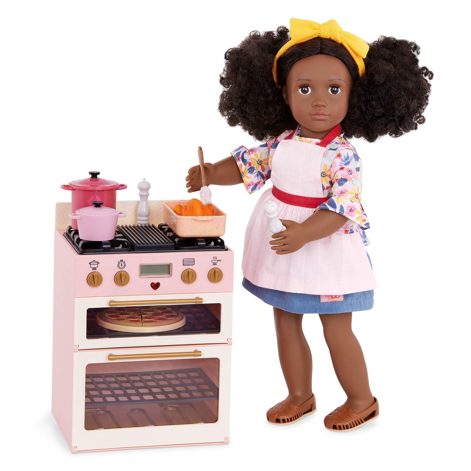 Our Generation Make & Bake Stove Playset with double oven, cooking accessories, and realistic sounds for 18-inch dolls.