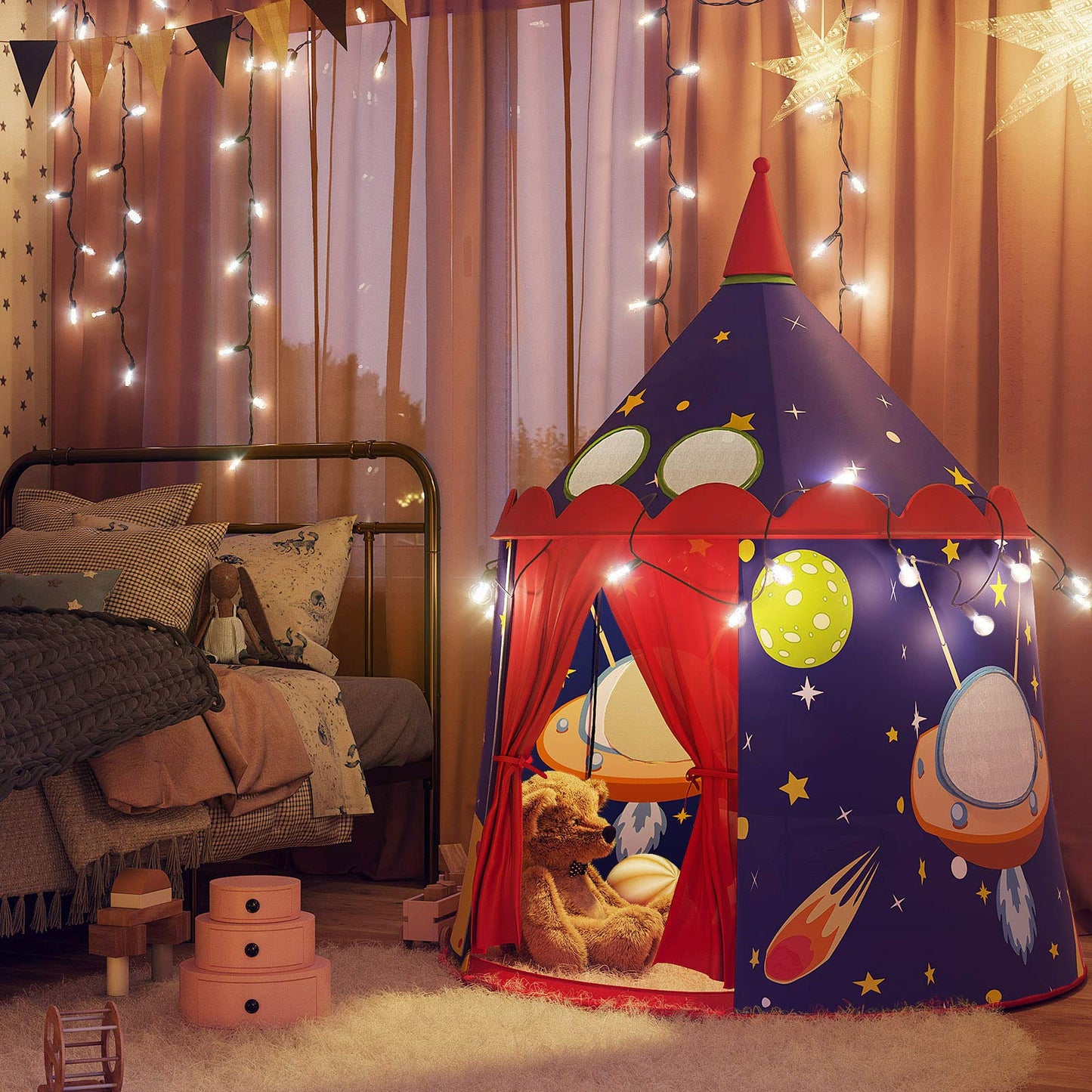 Blue SONGMICS Prince Castle play tent for boys, portable indoor/outdoor teepee with carry bag, toddler-friendly, EN71 certified.