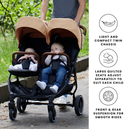 Ickle Bubba Venus Double Prime Stroller – Compact, Lightweight Foldable Twin Pushchair for Twins or Siblings, Suitable from Birth to 15kg (Approx. 3 Years) (Biscuit)