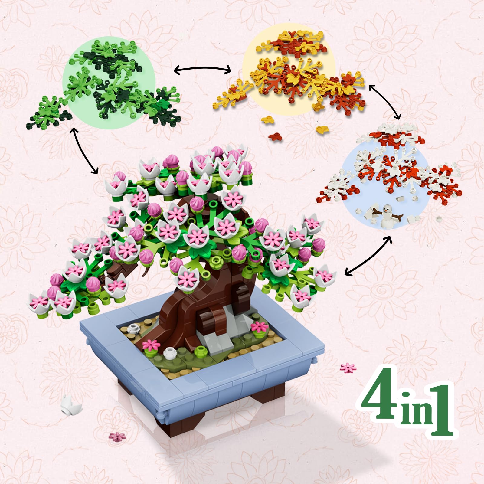 CUBIMANA Cherry Flowers Bonsai Building Set with 584 pieces, includes artificial seasonal cherry blossom trees for home or office decor.