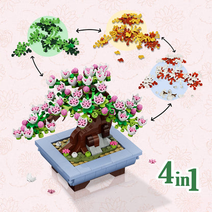 CUBIMANA Cherry Flowers Bonsai Building Set with 584 pieces, includes artificial seasonal cherry blossom trees for home or office decor.