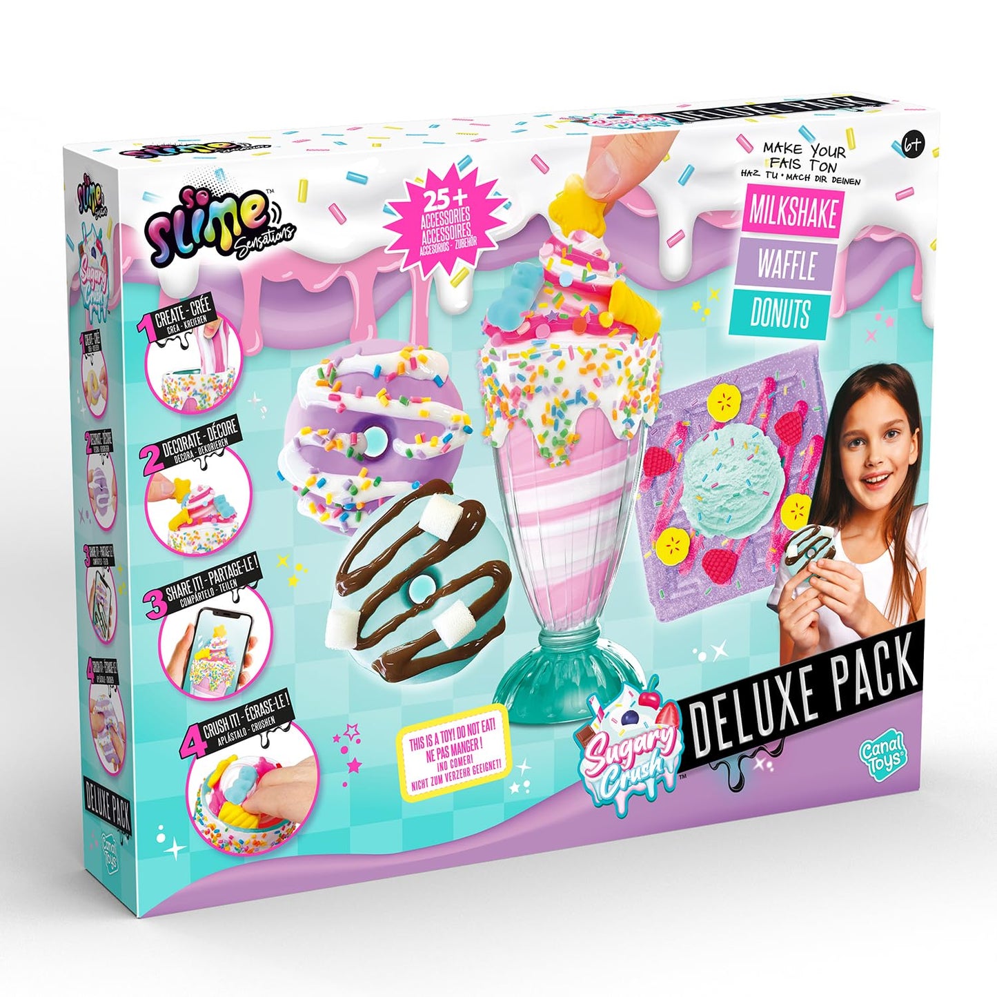 Canal Toys So Slime Sensations Sugary Crush Deluxe Pack featuring dessert slime, milkshake, waffles, donuts, and 25+ decorating accessories.