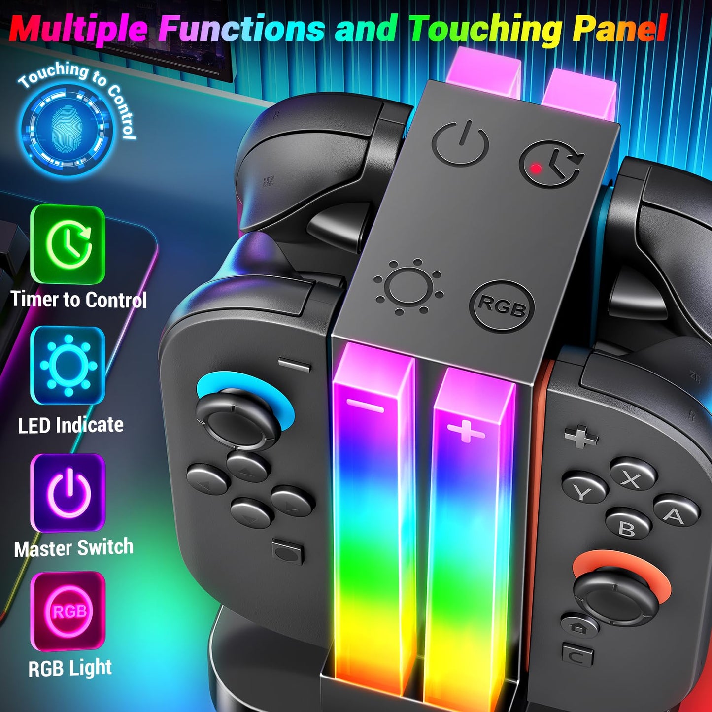 Wenocally Switch 2 Controller Charging Station Compatible with Nintendo Switch 2 for Joy-Con and OLED Model Controller with 6 RGB Light Modes and Timer Function, Charging Station Bag Storage