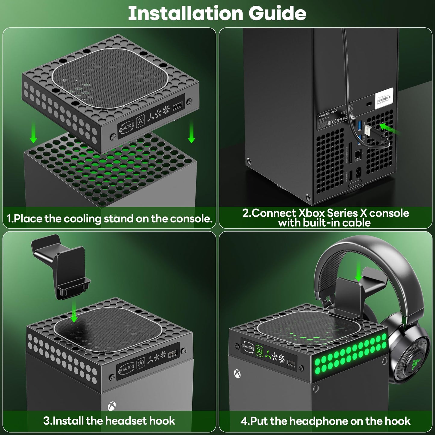 Kosker Xbox Series X cooling fan dust cover with RGB lights, auto mode, built-in adjustable fan, and headset holder.