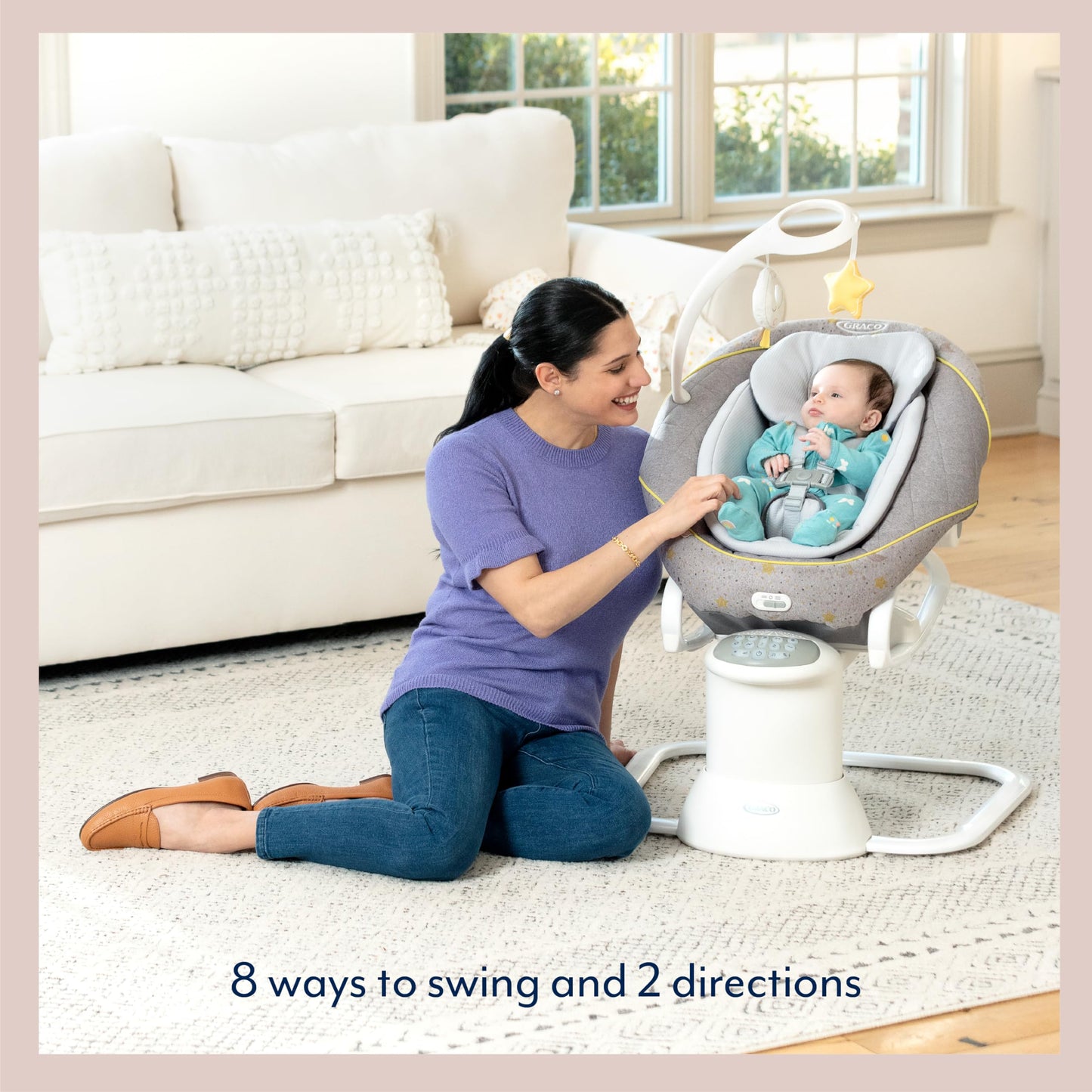 Graco All Ways Soother 2-in-1 baby swing and rocker with starry pattern, featuring vibration and adjustable swing speed for infants.