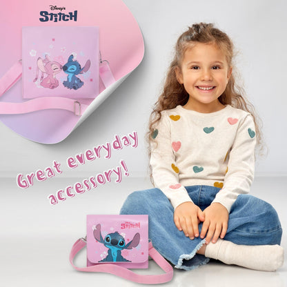 Pink Disney Stitch and Angel girls' shoulder handbag with adjustable strap, featuring Lilo & Stitch characters, for kids and teens.